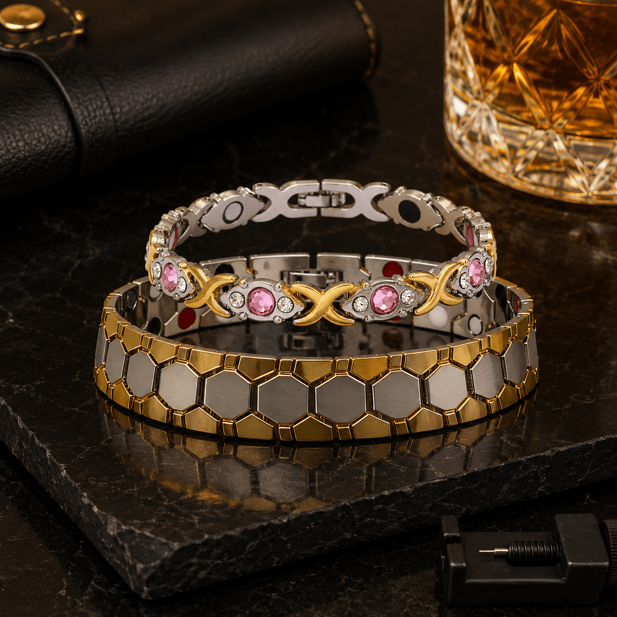 2pcs Elegant Two-Tone Magnetic Bracelet Set with Pink Zirconia